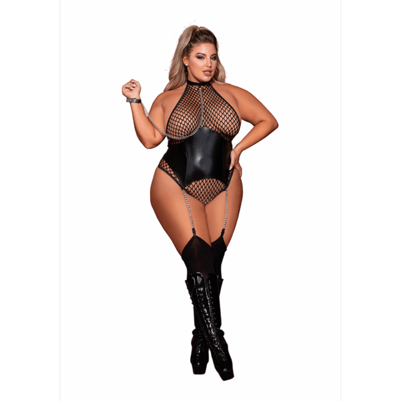 Visnet Teddy met Kettinglijn - Plus Size - Zwart