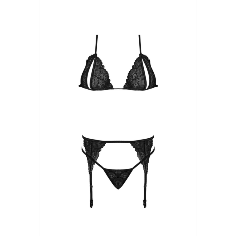 Peek-a-Boo Bh, Garter en G-String Set - L/XL - Zwart - Image 3