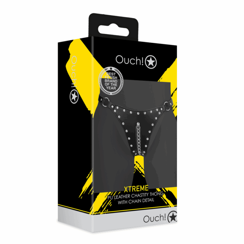 PU Leren Chastity Thong met Keten Detail - Zwart - Image 2