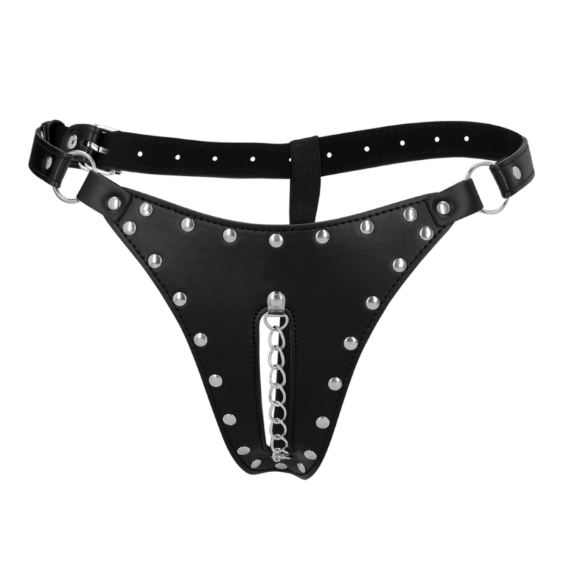 PU Leren Chastity Thong met Keten Detail - Zwart - Image 4