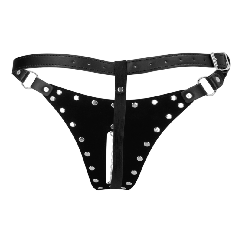 PU Leren Chastity Thong met Keten Detail - Zwart - Image 3