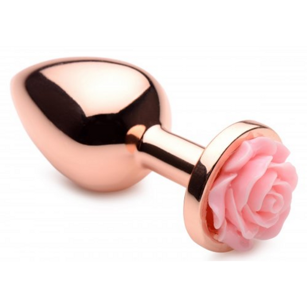 Rosegouden metalen buttplug met roze bloem – ideaal voor temperatuurspel en medium gevorderde gebruikers