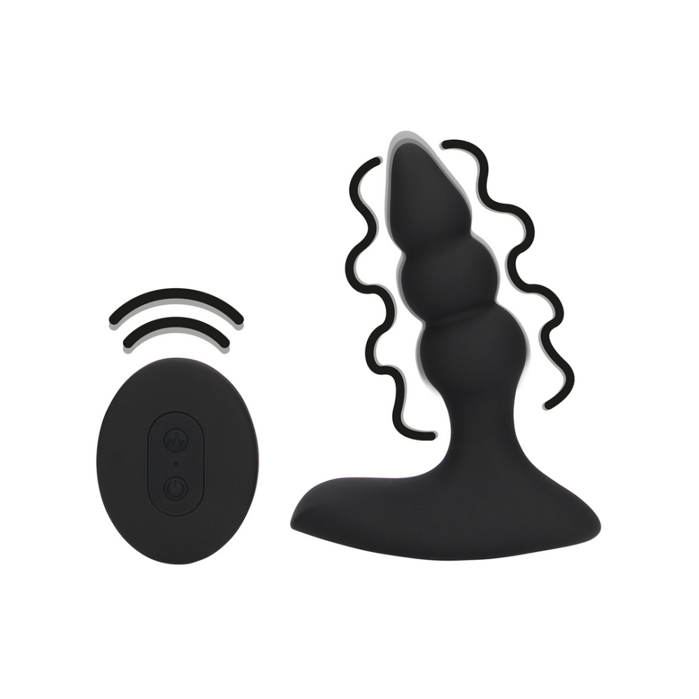 Vibrerende anale plug met kralen en afstandsbediening in zwart