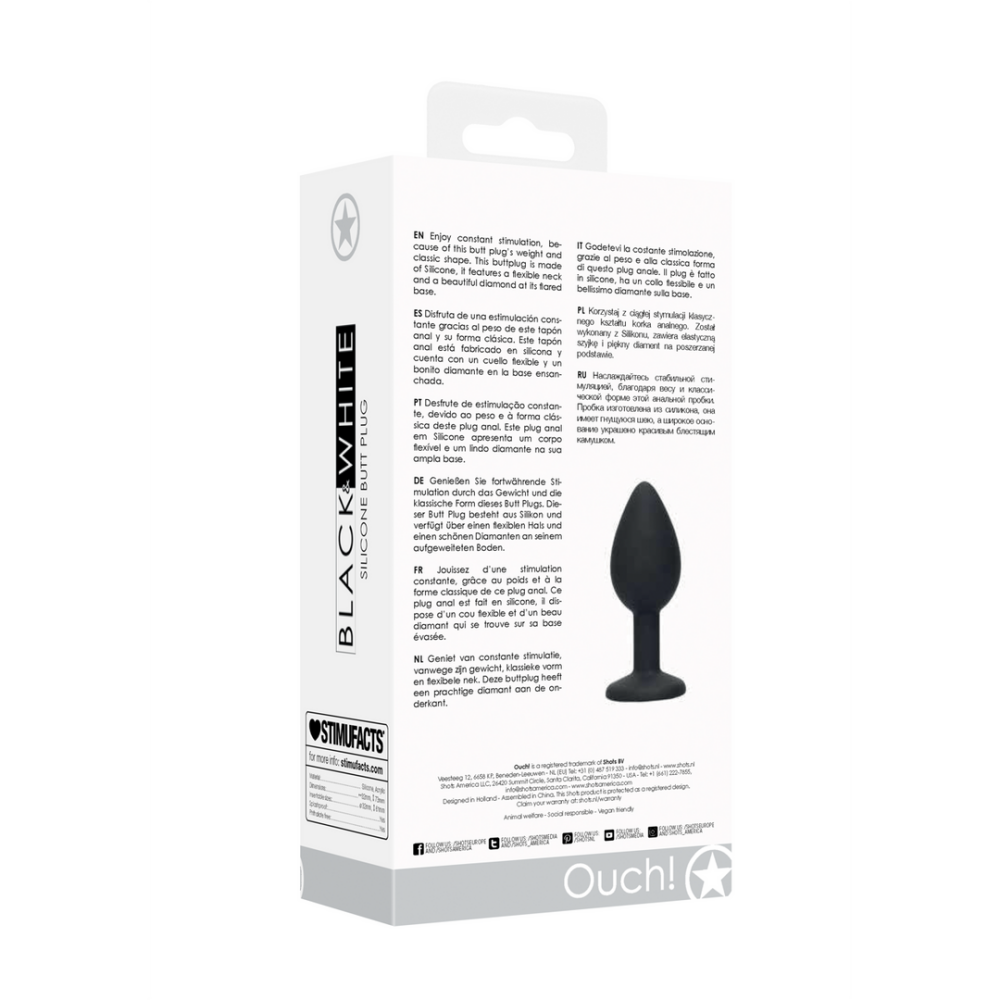 Achterkant verpakking van zwarte buttplug – productinformatie en specificaties zichtbaar