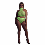 Neon turtle lingerie set – UV-actieve groengele set met turtle neck en high waist slip