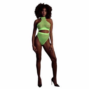 Neon turtle lingerie set – UV-actieve groengele set met turtle neck en high waist slip