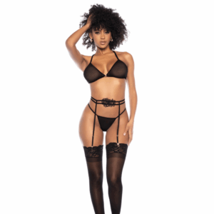Zwarte Mesh Set – 2-delige lingerie met open cup top en geborduurde bloemen