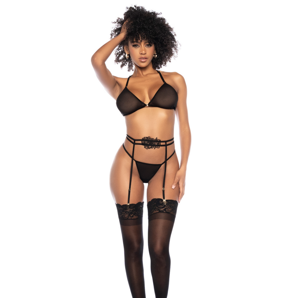 Zwarte Mesh Set – 2-delige lingerie met open cup top en geborduurde bloemen