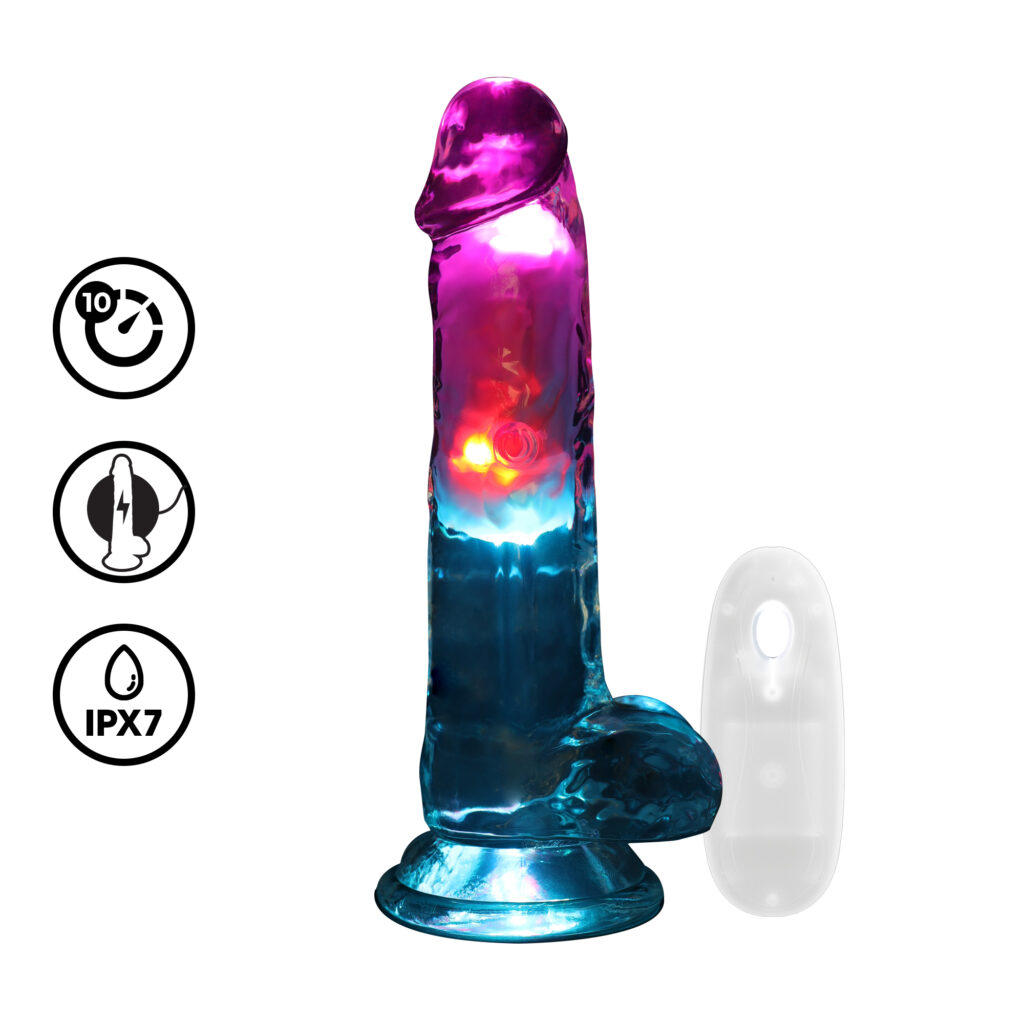Transparante LED vibrator van 17 cm – vibrerende dildo met roze-blauw lichtverloop