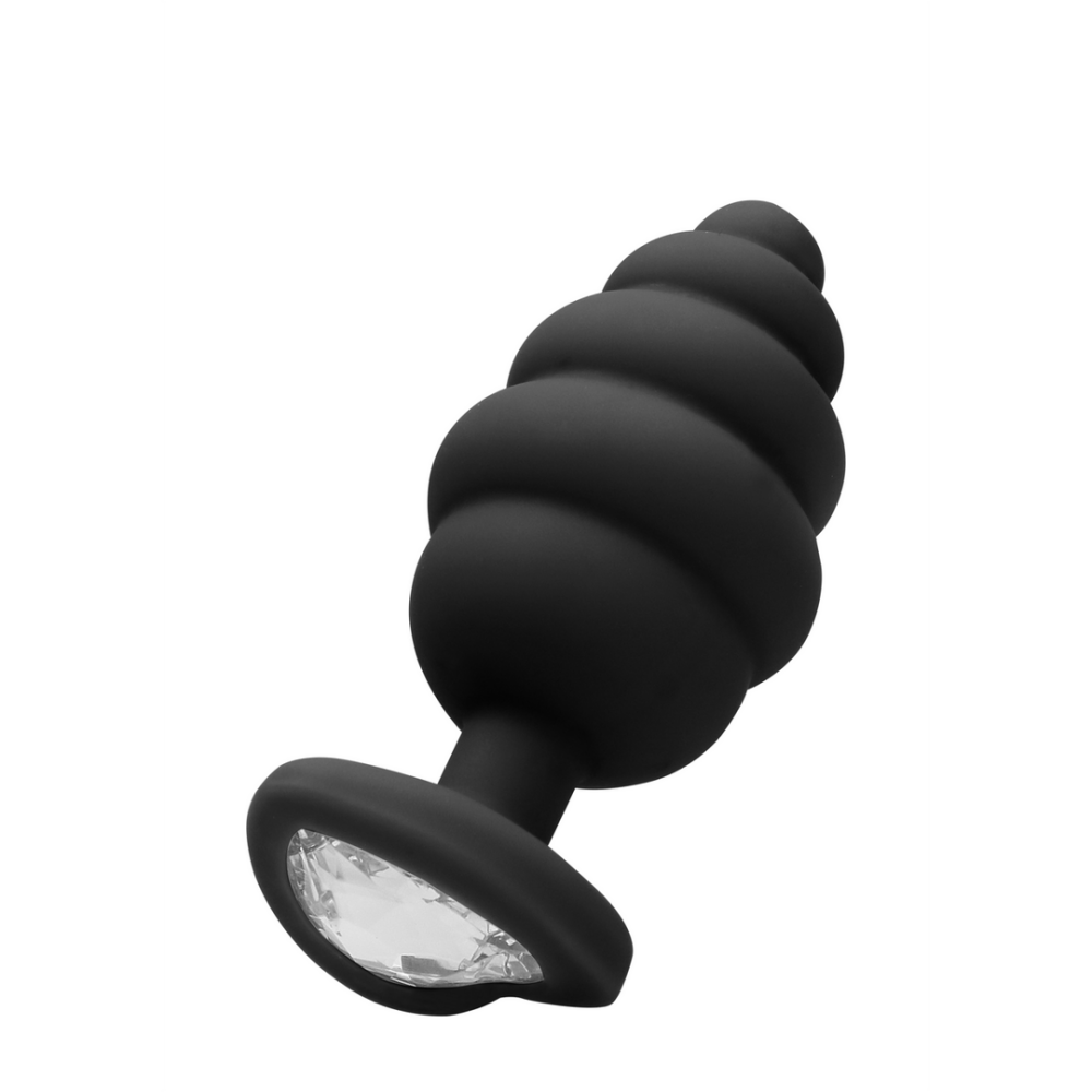 Grote geribbelde silicone buttplug met diamant hartje