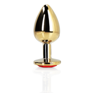 Kleine gouden buttplug met rood hartjuweel – aluminium plug voor elegante stimulatie