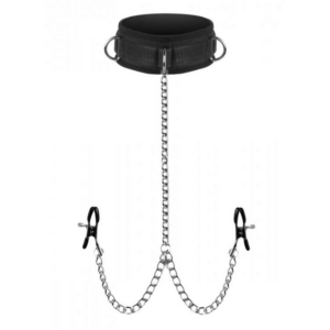 BDSM kraag met metalen ketting en verstelbare tepelklemmen – perfect voor intens onderwerping spel