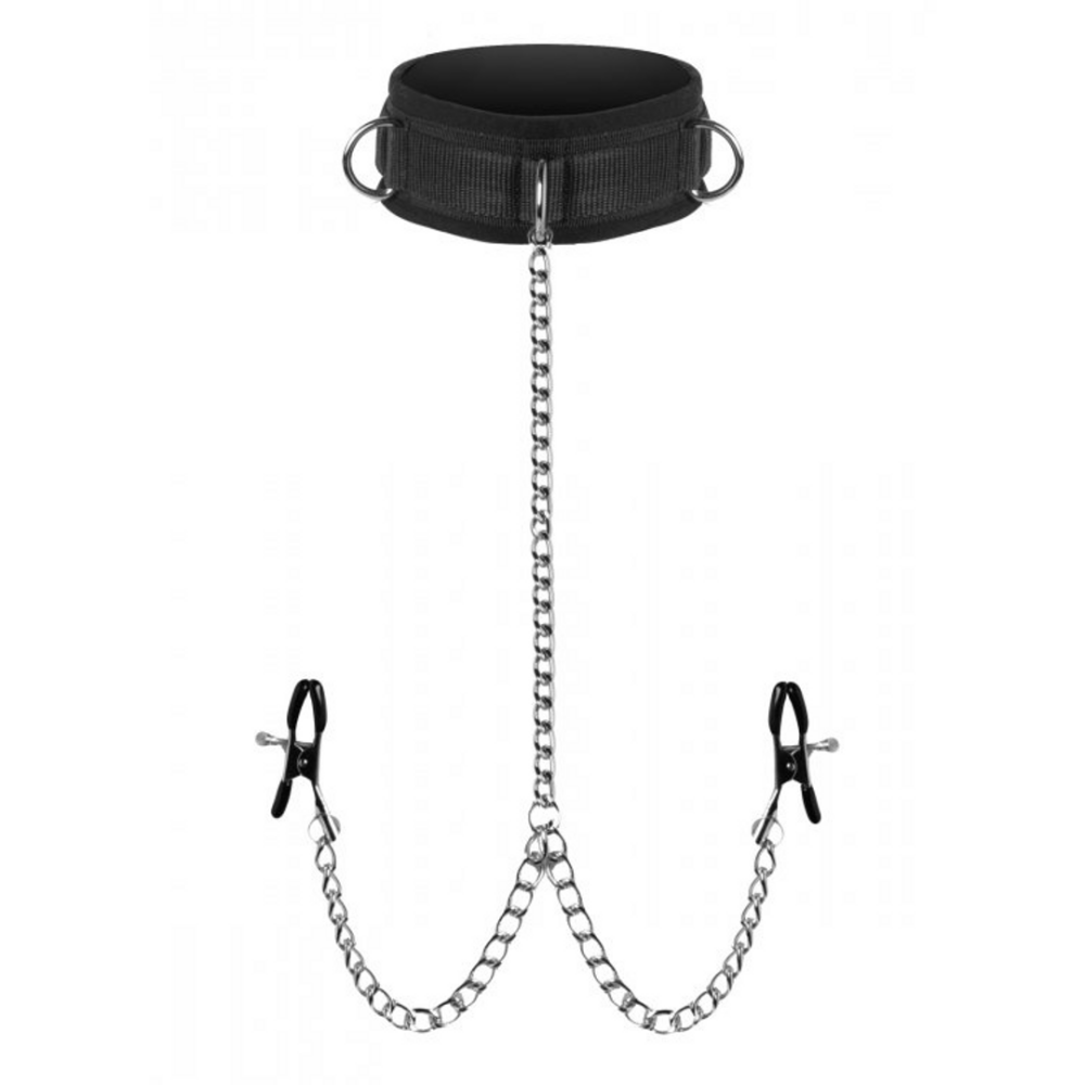 BDSM kraag met metalen ketting en verstelbare tepelklemmen – perfect voor intens onderwerping spel