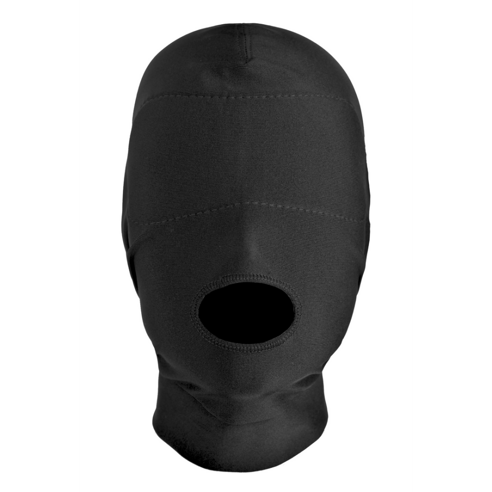 Spandex masker met open mond en ingebouwde blinddoek – perfect voor rollenspel en BDSM