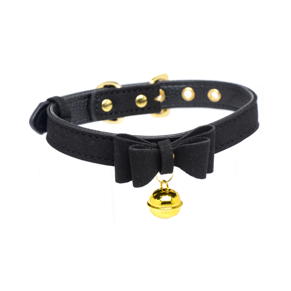 Zwart-gouden kitty-halsband van PU-leer met bel – perfect voor speelse submissive roleplay