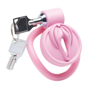 Roze vulva chastity cage met meerdere ringen – perfect voor feminization en chastity play