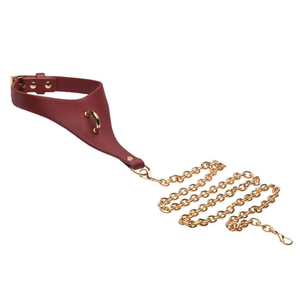 Rood-gouden halsband van vegan leer met lichaamsketting – perfect voor luxe BDSM en roleplay