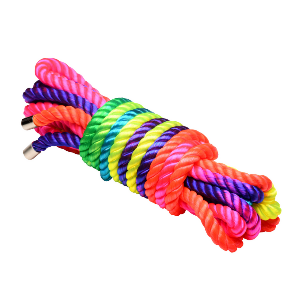 Neon rainbow bondagetouw van nylon – perfect voor shibari, kinbaku en kleurrijk bondageplay