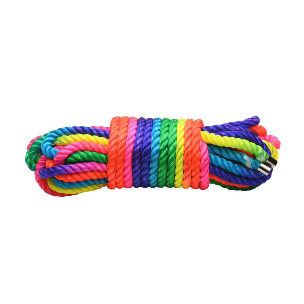 Neon rainbow bondage touw van nylon – perfect voor shibari, kinbaku en kleurrijk BDSM-spel