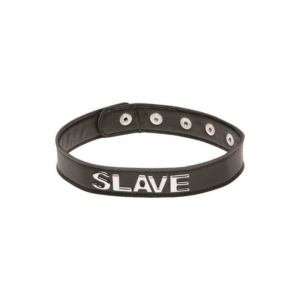 Zwarte SLAVE-halsband van PU-leer met metalen lettering – perfect voor BDSM en roleplay