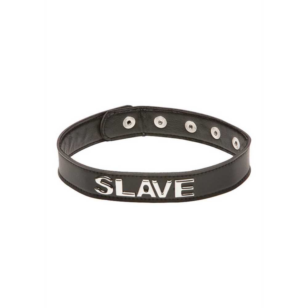 Zwarte SLAVE-halsband van PU-leer met metalen lettering – perfect voor BDSM en roleplay
