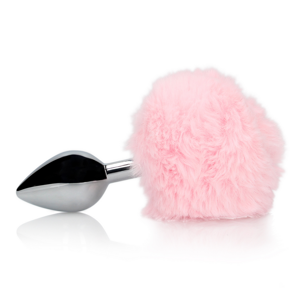 Metalen buttplug met pluizige konijnenstaart en LED-licht – ideaal voor speels rollenspel