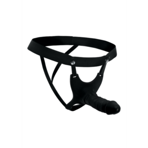 Zwarte holle siliconen strap-on dildo met nylon harnas van XR Brands