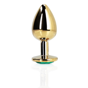 Ronde gem buttplug groot in goud met emerald groene edelsteen