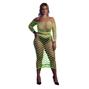 Neon groene crop top plus size – Langermige Crop Top en Lange Rok