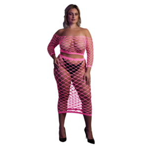 Neon roze crop top met lange mouwen en lange rok, plus size lingerie