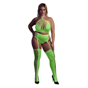 Neon groene crop top met bijpassende kousen, Plus Size