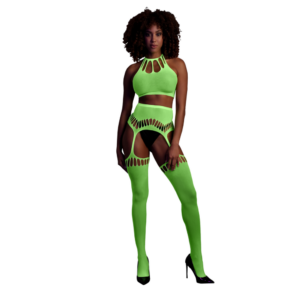 Neon groene crop top en panty set met UV-activated materiaal