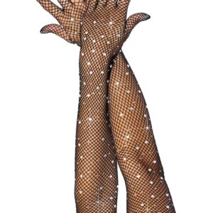 Zwarte fishnet handschoenen met strassdetails, opera-lengte