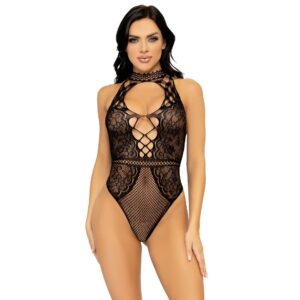 Net en kant halter bodysuit – Net and Lace Keyhole Halter Bodysuit