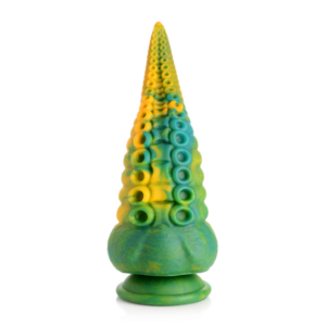 Tentakel dildo van siliconen met zuignapbasis, marmerachtig groen, geel en blauw