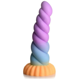 Siliconen eenhoorn dildo met gedraaide hoorn in oranje, blauw en paars
