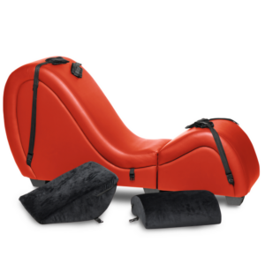 Rode en zwarte seks chaise met twee Love Pillows en fleece boeien