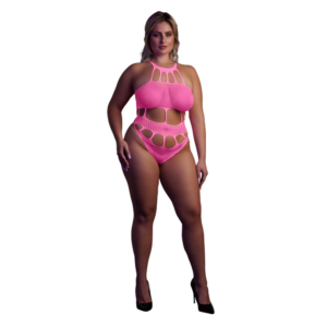 Neon roze body grote maten – Body met Griekse Halslijn