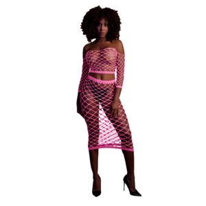Neon roze crop top en rok – Langarm Crop Top en Lange Rok